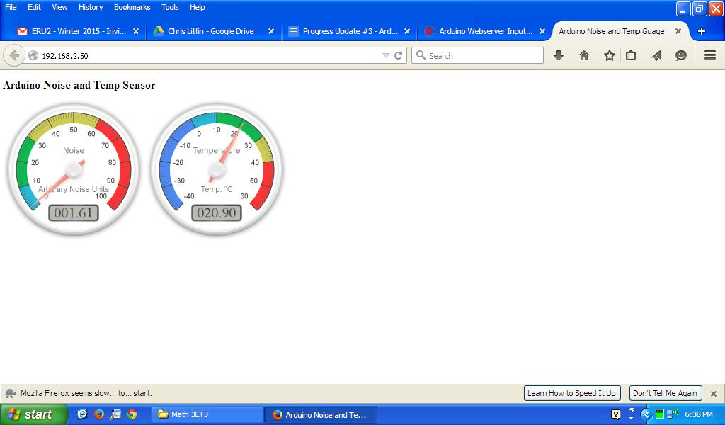 Screenshot of a website that registers the noise and temperature the Arduino senses. There are two circles which read the numbers. They are colour coded and go from blue to red depending on how high the numbers are.