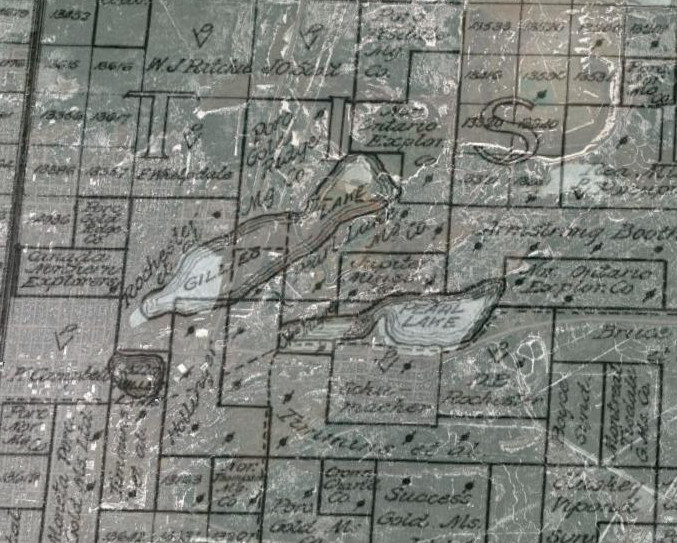 Zoomed in section of a 1911 map of the Porcupine goldfields georeferenced on satellite imagery. It shows how Gillies Lake and Pearl Lake have been partially filled in as a result of mining activity.