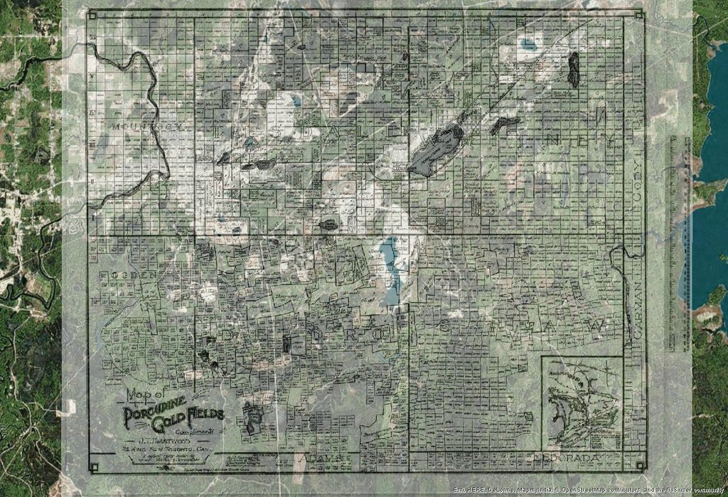 This is a 1911 map of the Porcupine goldfields georeferenced on satellite imagery.