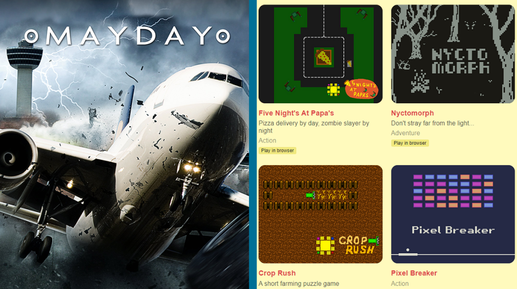 Promotional image for Mayday TV show and a screenshot of four of Richie's games.