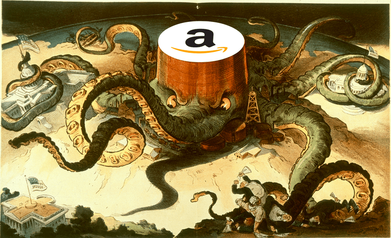 Image of a massive octopus with tentacles around the White House. The Amazon logo is superimposed on the monster's head.