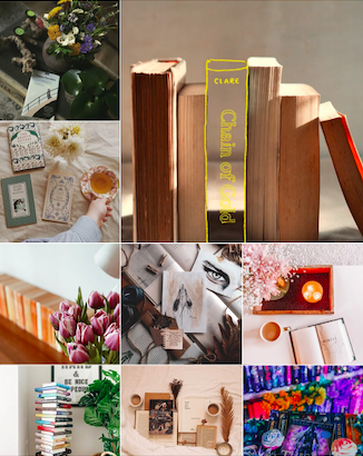 Screenshot of Instagram explore feed from the hashtag ‘bookstagram’. There are nine pictures of different book posts.