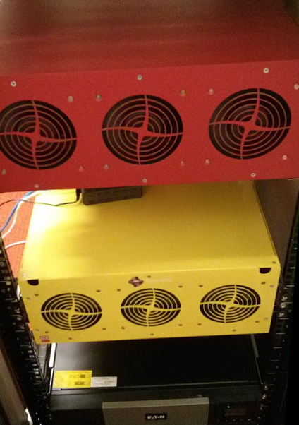 Red and yellow backblaze storage pods (data storage machines)