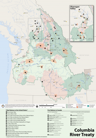 The first transboundary basin map to equitably represent Indigenous Nations across the US-Canada border in the management of the CRB. The map shows areas covered by the Columbia River Treaty.