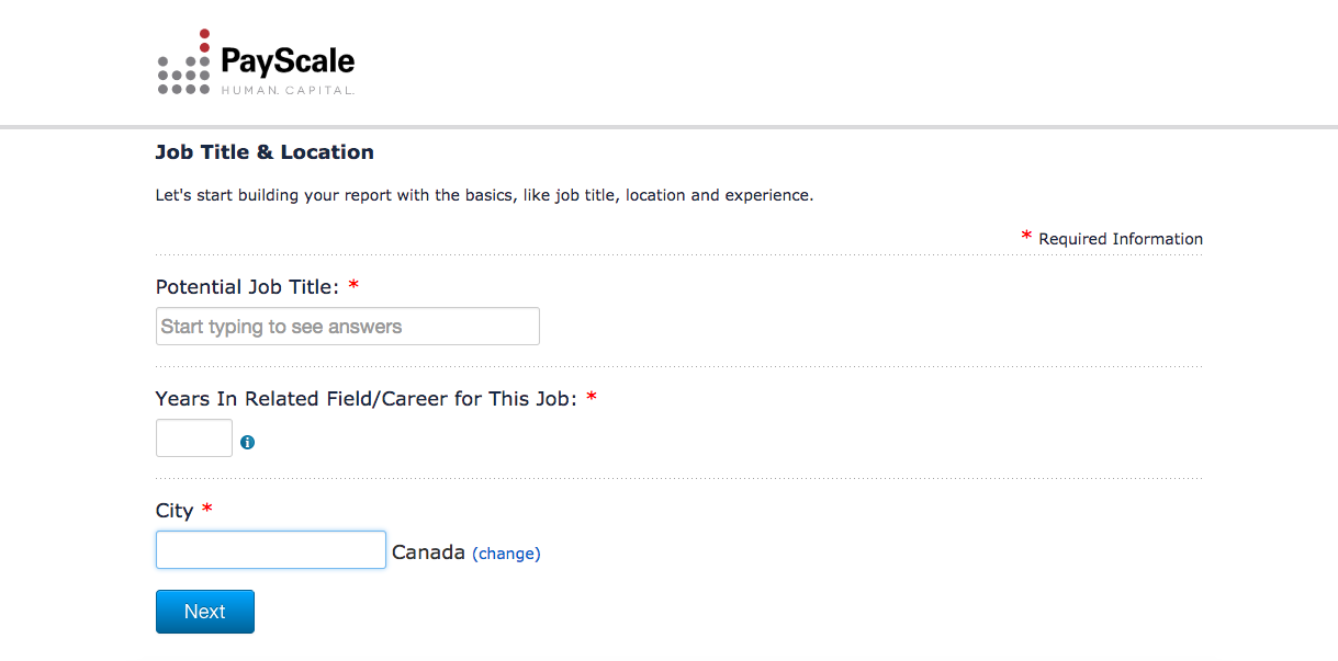 Screenshot of PayScale's website, with intake forms for Potential Job Title, Years in Related Field/Career for this Job, and City.