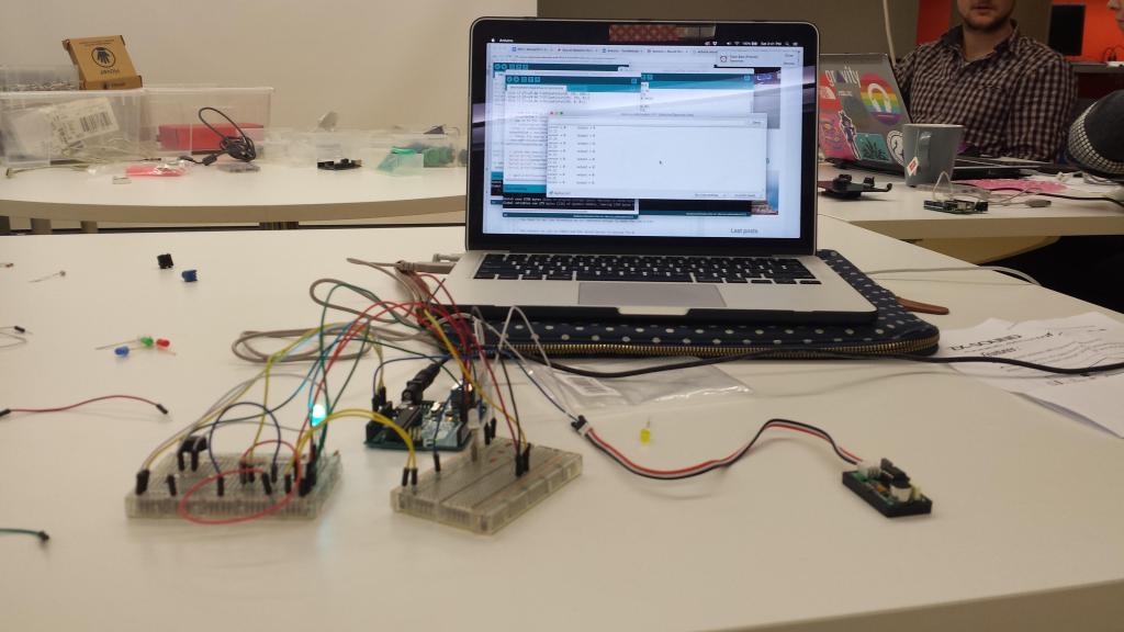 Abbey's Arduino device hooked up to a laptop.