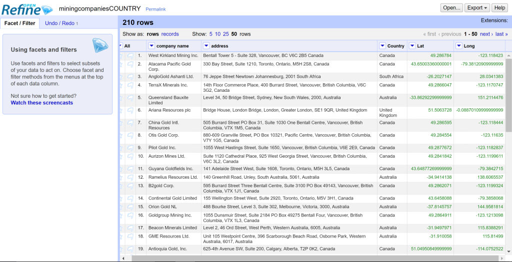 Screenshot of OpenRefine's geocoding process.