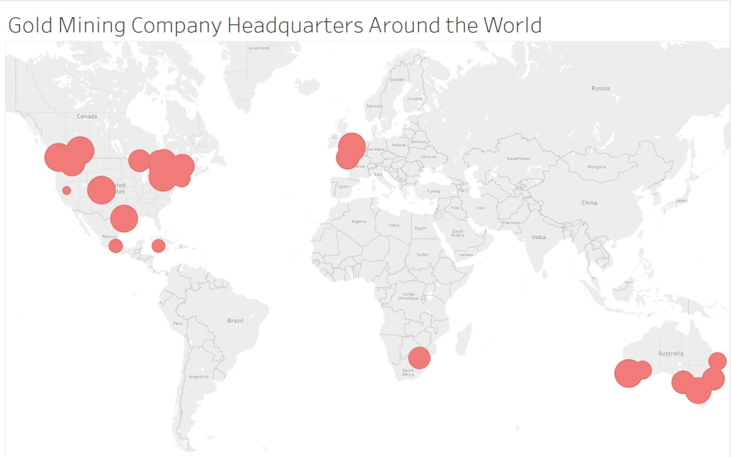 Map with red dots that signify the locations of gold mining company headquarters around the world