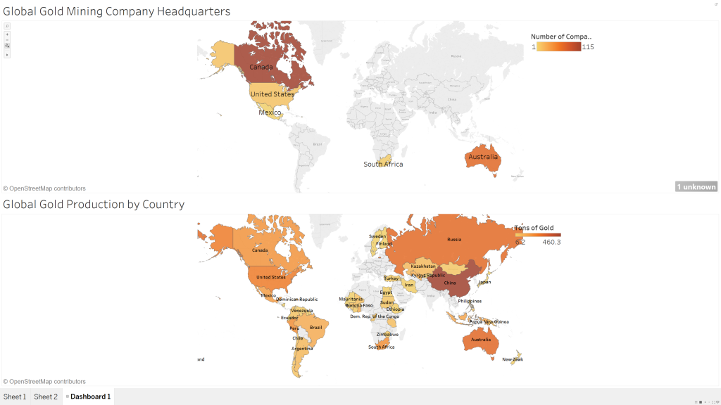 Map of global gold production by country and a map of global gold mining company headquarters. Number of companies and tons of gold are depicted by colours. The lowest number are represented in yellow, then the colour gets warmer until the highest numbers are red.
