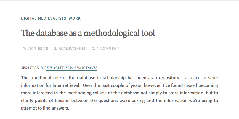 Screenshot of Digital Medievalist blog post by Matthew Davis titled The Database as a Methodological Tool