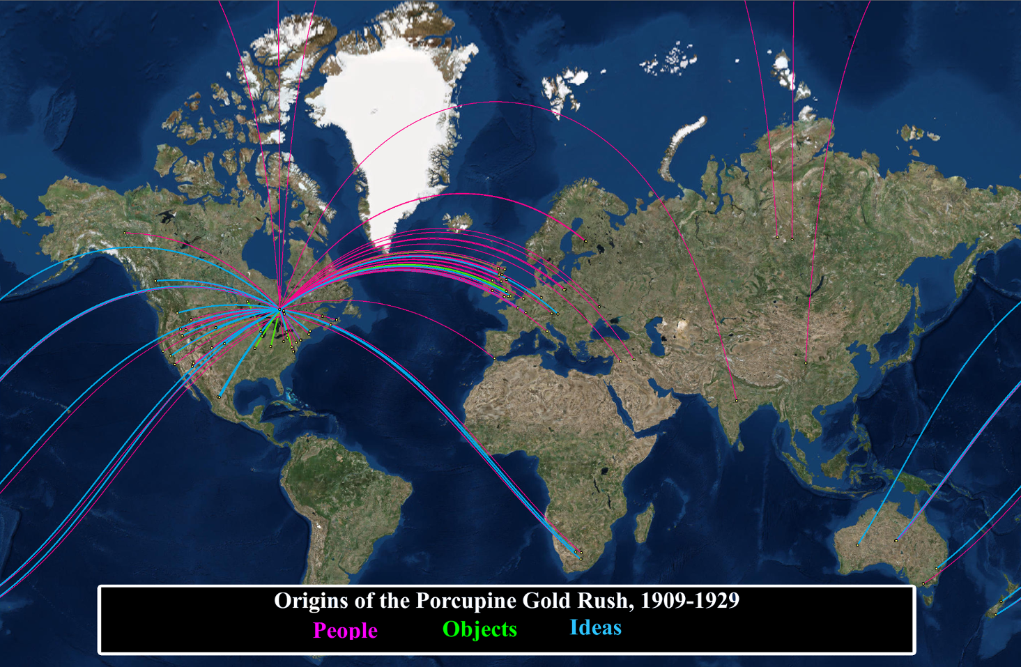 Final Flow map of moved people, objects, and ideas (with each category colour coded) during the Porcupine Gold Rush, 1909-1929