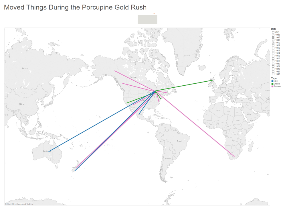 Map of moved things during the Porcupine Gold Rush, 1903-1910