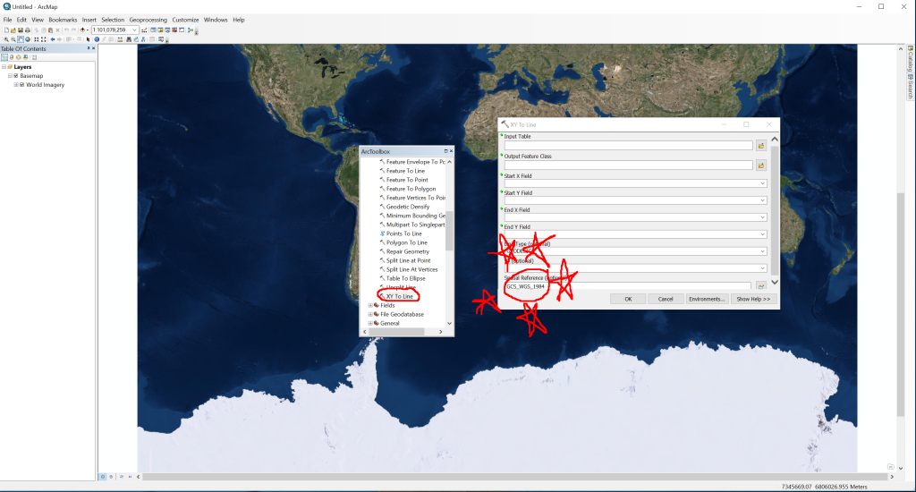 Screenshot of map with window showing X to Y Line as well as a matching spatial reference number surrounded by red stars.