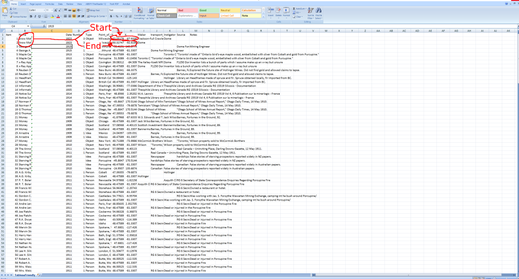 Screenshot of a text database with red arrows and text showing users how to input start dates over end dates in a column.