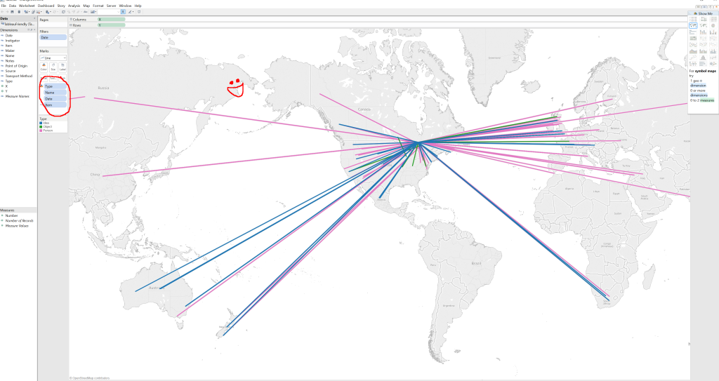 Jorgenson's final flow map, with a happy face drawn in red. There is also a circle over an element to the left. Cumulatively, this map helps users take two points and ensure they only result in one line.