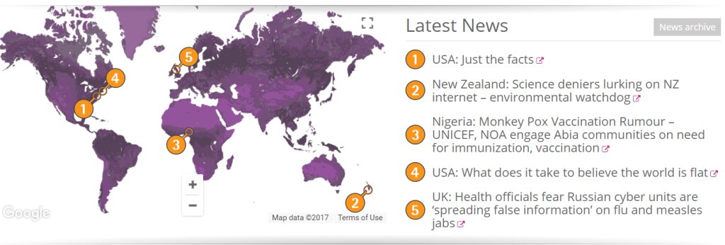 Screenshot of the Vaccine Confidence Project. A legend aligns different countries with headlines regarding beliefs in vaccinations.