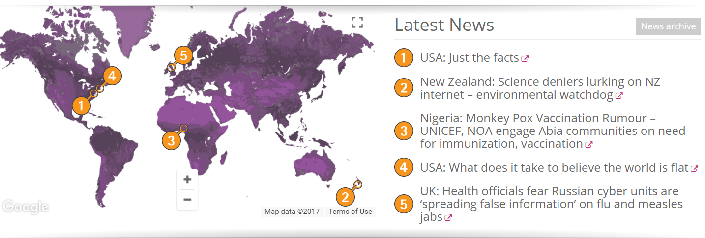 Screenshot of the Vaccine Confidence Project. A legend aligns different countries with headlines regarding beliefs in vaccinations.