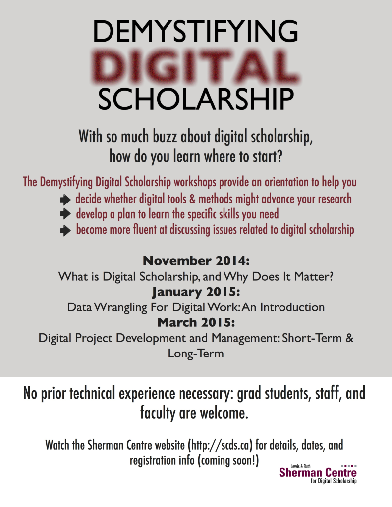 Demystifying Digital Scholarship poster. It reads "With so much buzz about digital scholarship how do you learn where the start? The Demystifying Digital Scholarships workshops provide an orientation to help you - decide whether digital tools and methods might advance your research - develop a plan to learn the specific skills you need - become more fluent at discussing issues related to digital scholarship. The poster advertises three events in 2014 and 2015.