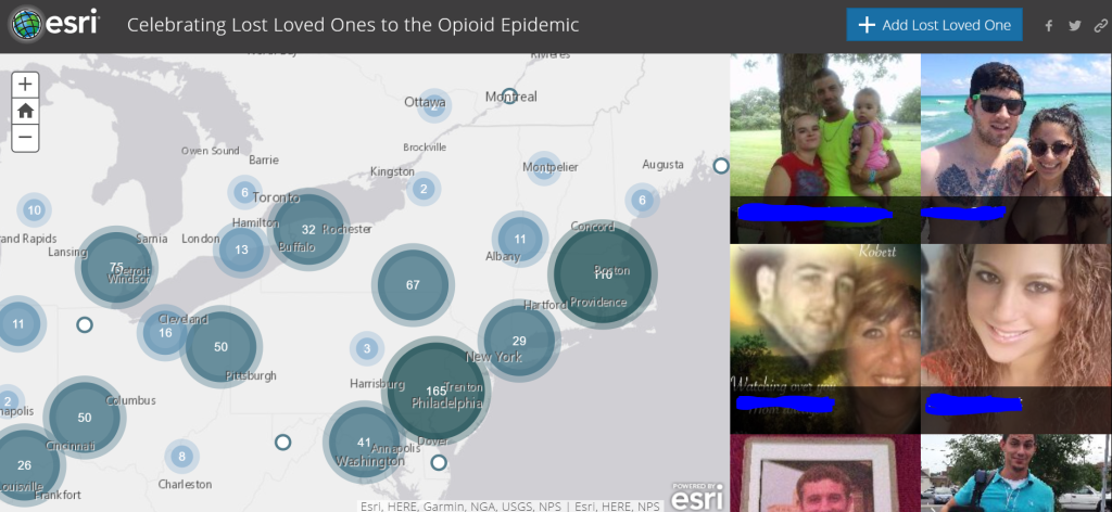 Esri map titled "Celebrating Lost Loved Ones to the Opioid Epidemic." The map's right side features images of victims. The right side cross-references information about where they lived and died onto the map.