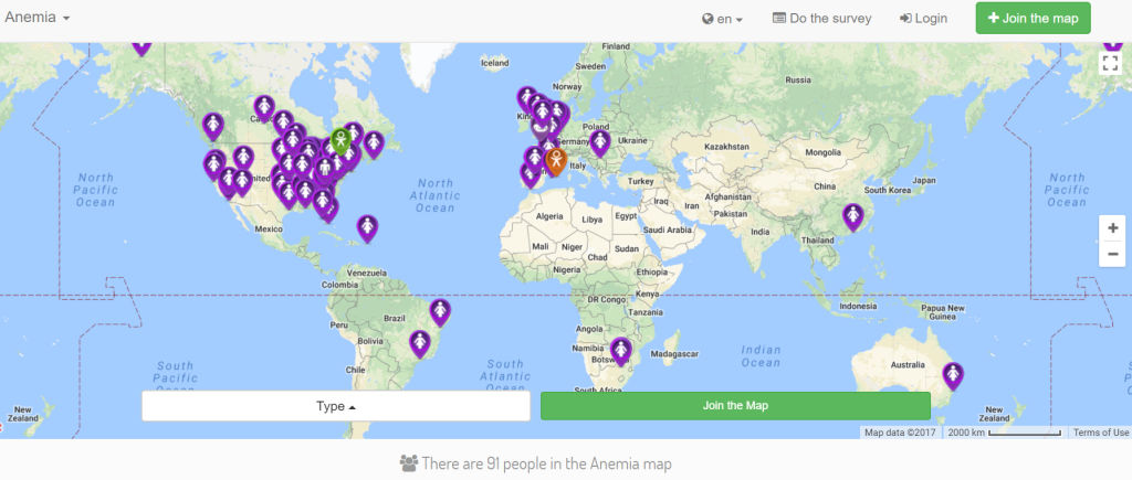 Screenshot of "Disease Map" which lets users pin themselves (with information about their illness) and connect to people with similar/the same illness in other parts of the world.