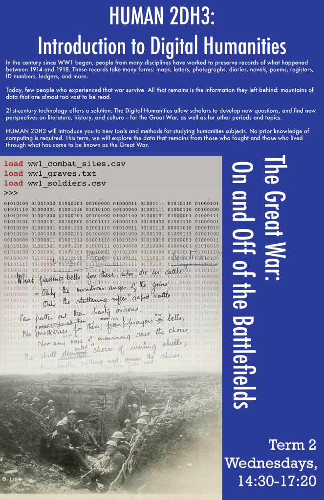 Poster for "Human 2DH3 Introduction to Digital Humanities." There a picture of men in the trenches with code overlaid. Next to it text reads "The Great War: On and Off of the Battlefields"