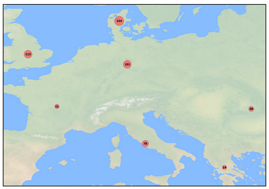 Map of Europe with red dots. Dots show numbers (113, 354, 11 etc) depending on location. This plots the "second pandemic."