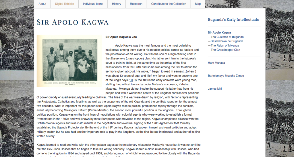Screenshot of exhibit page on Sir Apolo Kagwa.