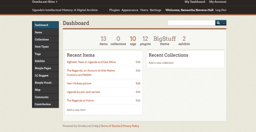 Screenshot of Omeka Dashboard