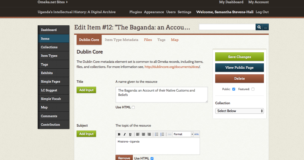 Screenshot of Omeka's back-end with Dublin Core metadata