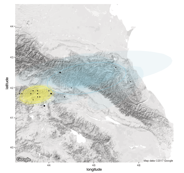 Phylogeographic clustering of frog populations using BPEC (Manolopoulou et al. 2017).