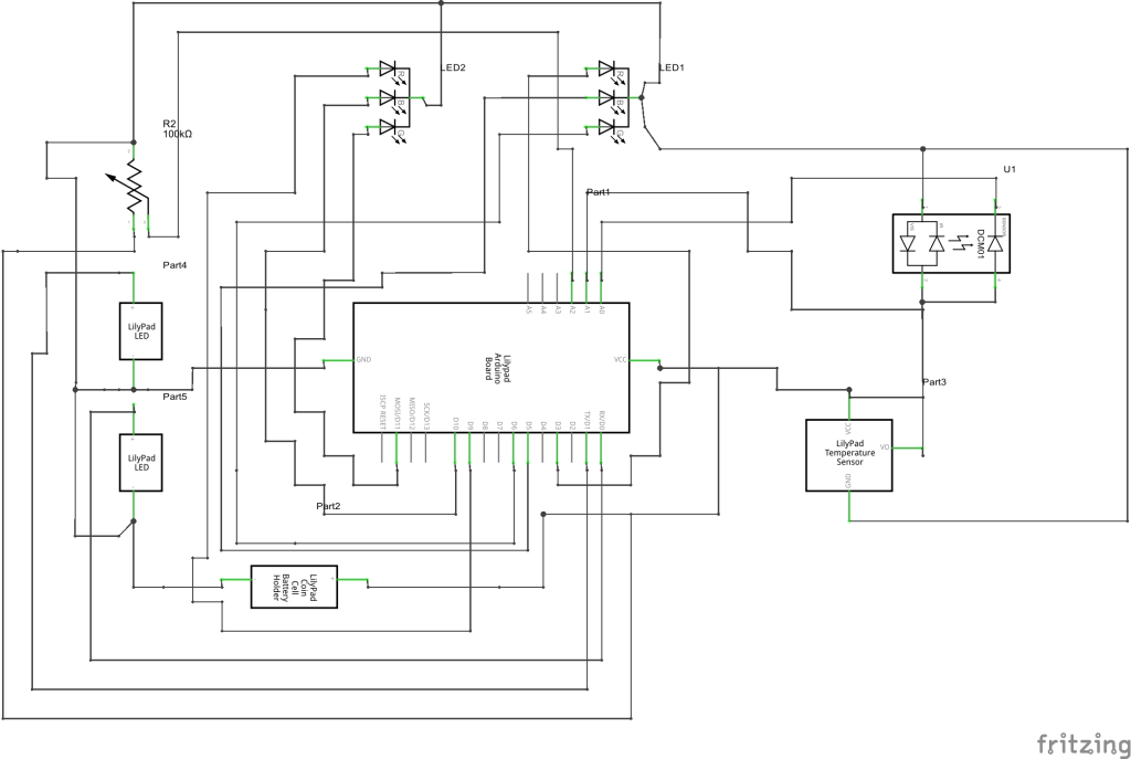 A schematic for an electronic jacket that tracks the wearer's vital signs.