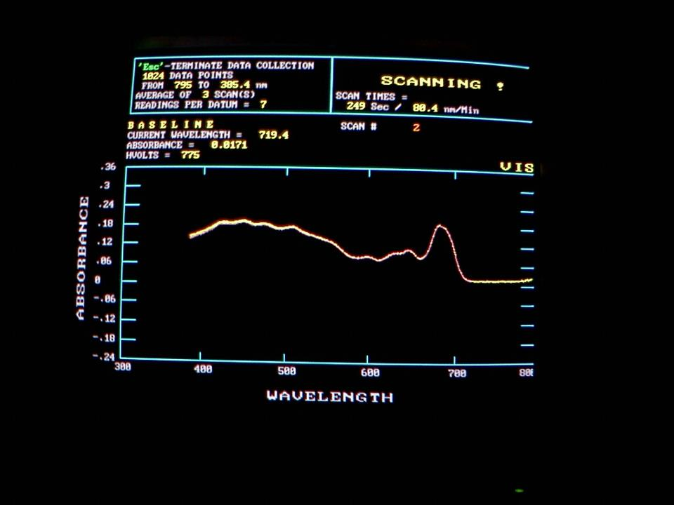 Screen that displays the Absorbance Spectroscopy of Algae in the form of a line graph
