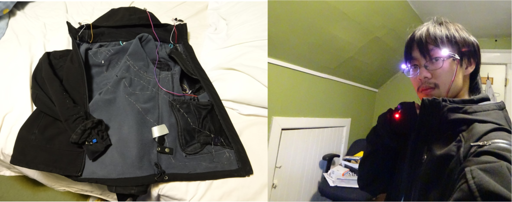 ERU Participant James wears his competed jacket. In an image to the left, we see the jacket's wiring exposed.