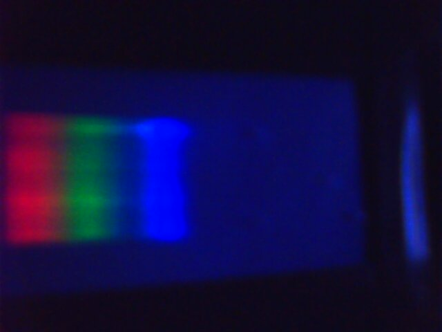 Blurry image of glowing red, green and blue lights