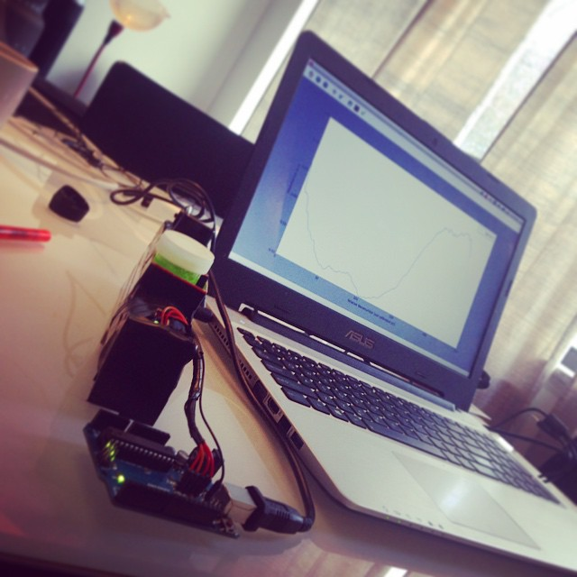 Image of technology hooked up to a computer, used to read the spectral data of Andrew's experiment with kool-aid and spinach.