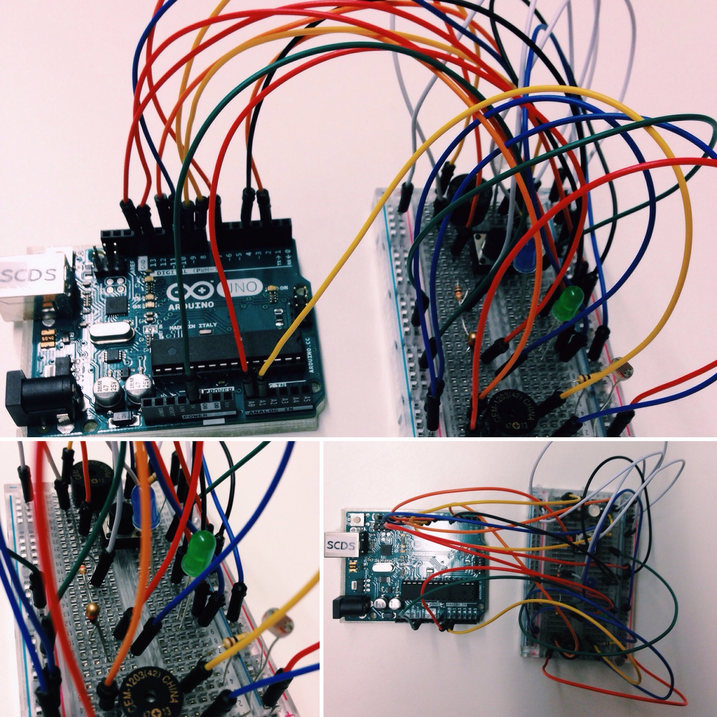 Max's Arduino device. Two circuit boards are connected by many wires.