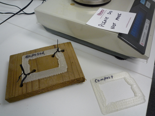 Image of PLA (a material we use in 3D printing). One sample says "exposed" and another says "compost"