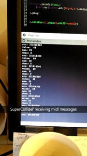 Snapchat photo that says "SuperCollider receiving midi messages" Photo depicts computer code