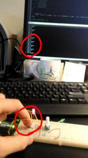 Photo showing Jamie touching the circuit board and the computer reading the sensory data of his actions