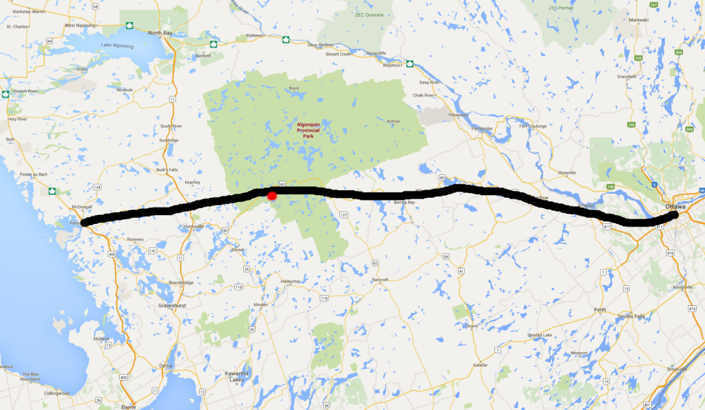 A map with a line from Ottawa to Parry Sound.