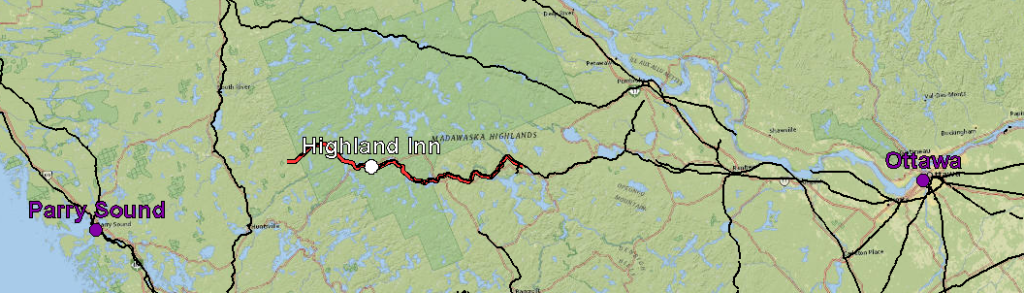 A map with neater lines tracing routes around Ottawa and Parry Sound with a red line near a white dot marked Highland Inn. From Mica Jorgenson: Work in progress from DH at Guelph showing the historic railway through Algonquin Park (now decommissioned). I was able to recreate the section of the old line that goes through Algonquin by overlaying and georeferencing historic maps (shown in red).