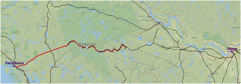 A map with neater lines tracing routes around Ottawa and Parry Sound with a red line near a white dot marked Highland Inn. From Mica Jorgenson: Work in progress from DH at Guelph showing the historic railway through Algonquin Park (now decommissioned). I was able to recreate the section of the old line that goes through Algonquin by overlaying and georeferencing historic maps (shown in red).