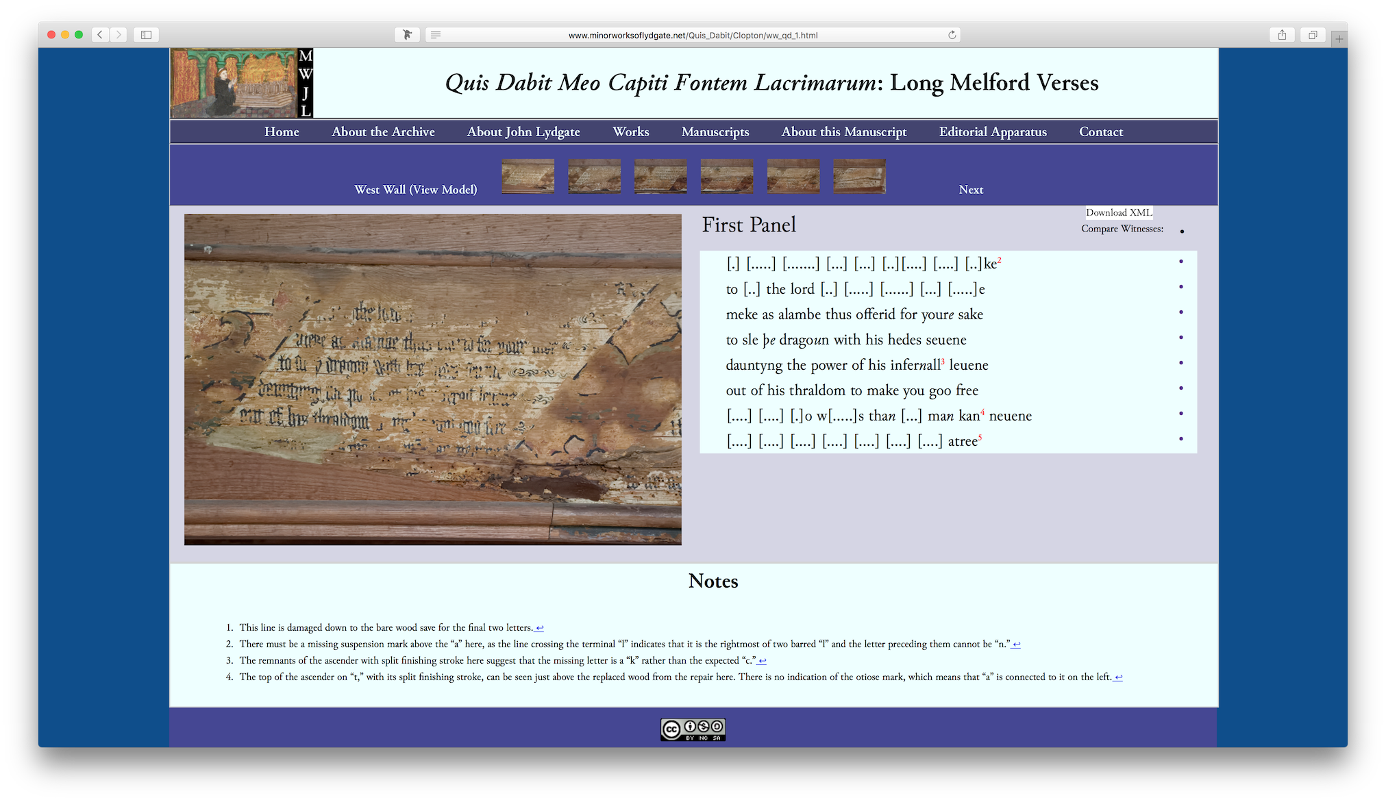 Screenshot of Matthew Davis's website about the Long Melford Verses. It depicts information about panels on one pane with an image of the panel on another. There is a section with Notes below.