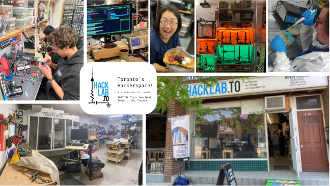 A collage showcasing HackLab.TO, featuring electronics, 3D printing.