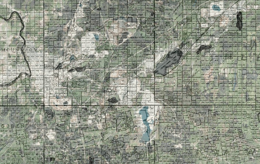 A 1911 map showing claims and waterbodies overlayed on modern satellite imagery
