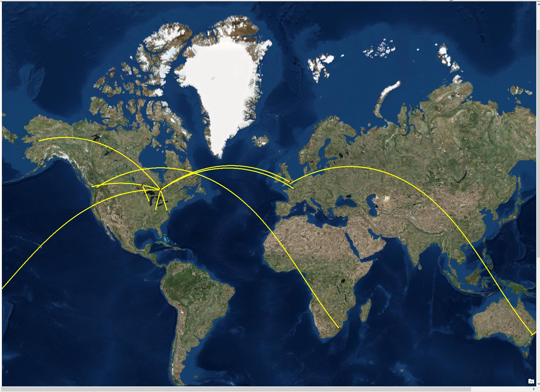 ArcGIS map showing flow of moving people, goods, and ideas during the nineteenth century gold rushes.