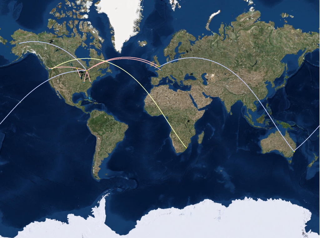 ArcGIS map showing flow of moving people, goods, and ideas during the nineteenth century gold rushes. In this version, lines are colour coded to align with specific phenomena.
