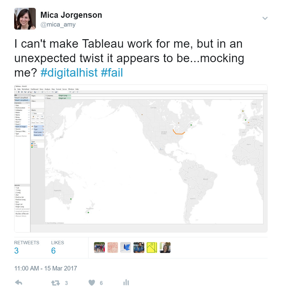 Screenshot of tweet by Mica Jorgenson. It reads "I can't make Tableau work for me, but in an unexpected twist it appears to be...mocking me? #digitalhist #fail" An image shows a map where Tableau has superimposed lines that form a smiley face.