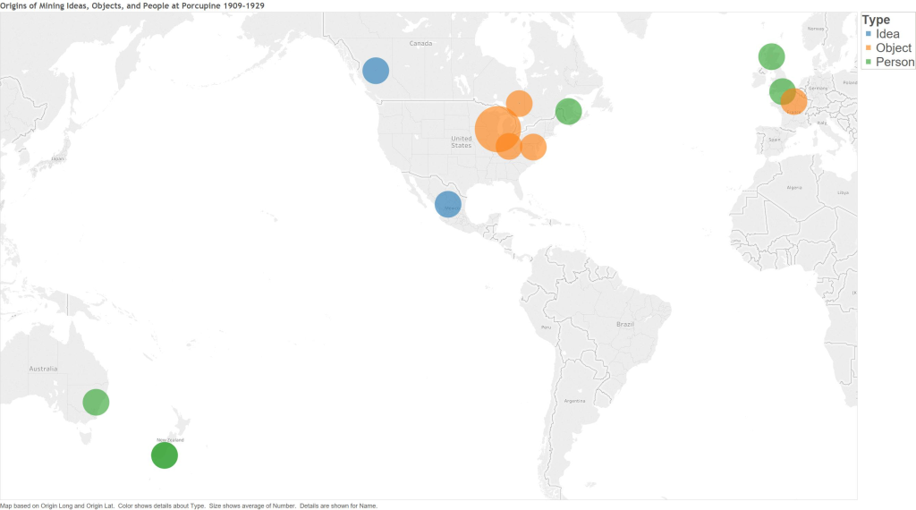 A map showing the places of origin for Ideas, Objects, and People (each depicted with a different color) which influenced the Porcupine Gold Rush