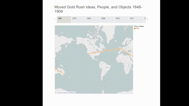 A map showing the places of origin for Ideas, Objects, and People (each depicted with a different color) which influenced the Porcupine Gold Rush